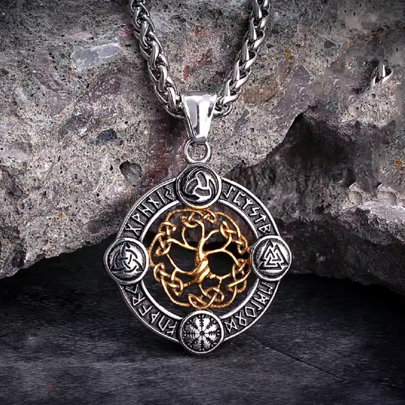 Viking Rune Life Tree Stainless Steel Silver Luck Talisman Necklace - Picture 1 of 5